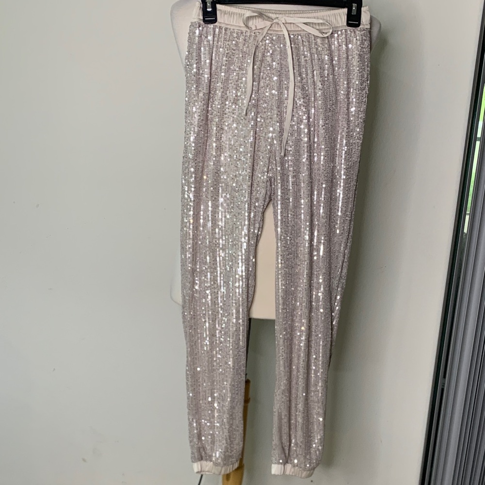 Gibson Latimer Dress Pants Sparkling Sequin Joggers stretch waist & ankles SMALL
